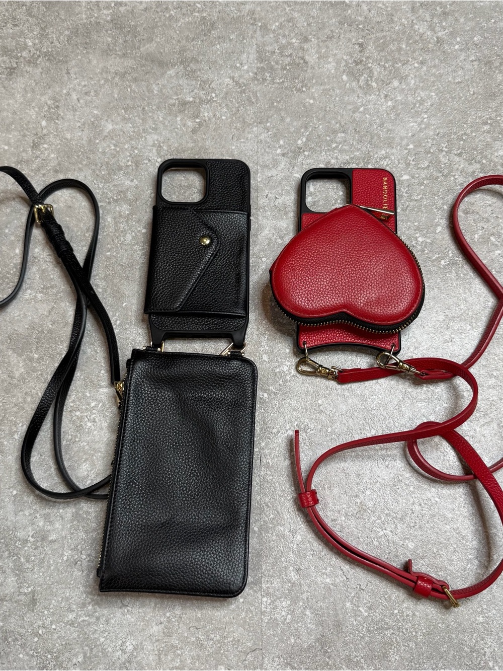 Bandolier Black Leather Crossbody Phone Wallet & Red Heart Coin Case